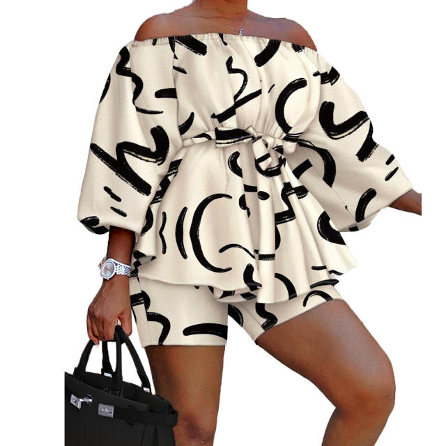 Hot sale summer off shoulder color pattern shorts tops set plus size