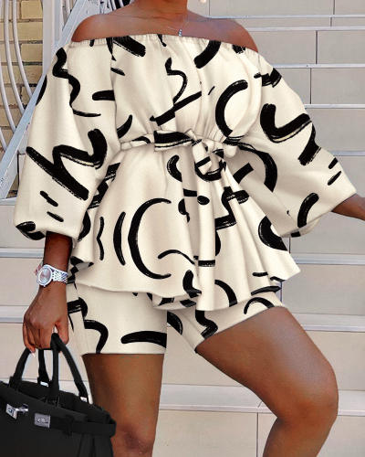 Hot sale summer off shoulder color pattern shorts tops set plus size
