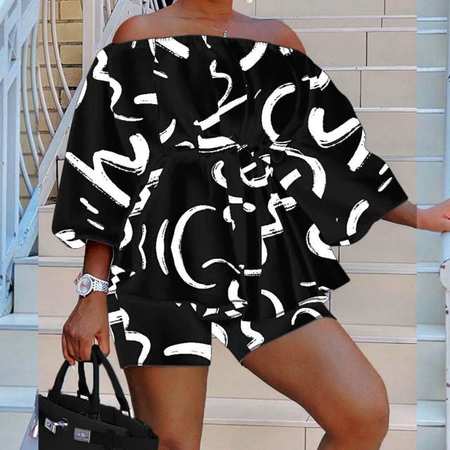 Hot sale summer off shoulder color pattern shorts tops set plus size