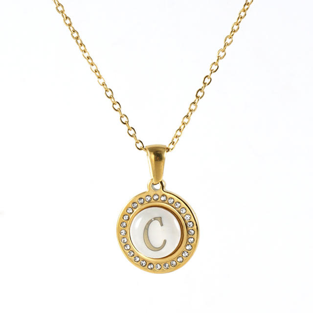 Delicate dimond round pendant initial letter stainless steel necklace