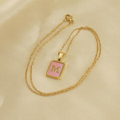 18KG sweet pink color shell initial letter card stainless steel necklace