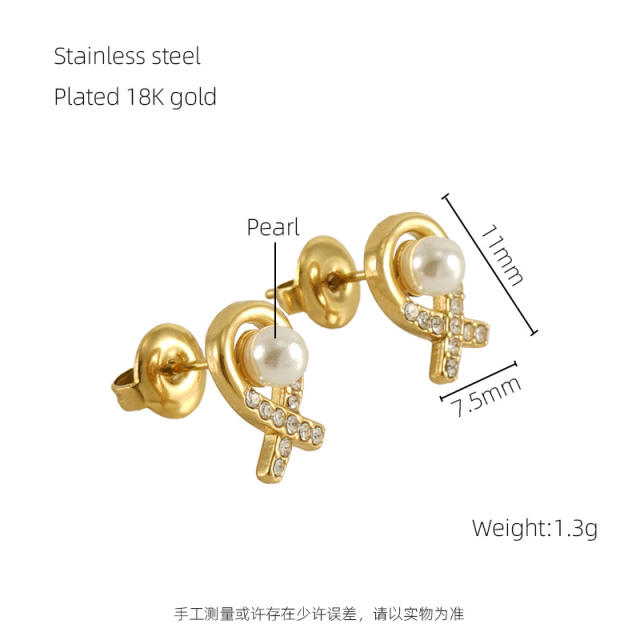 Elegant rhinestone pearl bead stainless steel studs earrings