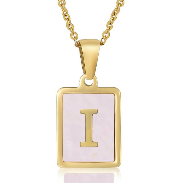 18KG sweet pink color shell initial letter card stainless steel necklace