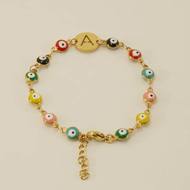 Enamel evil eye bead stainless steel initial letter bracelet