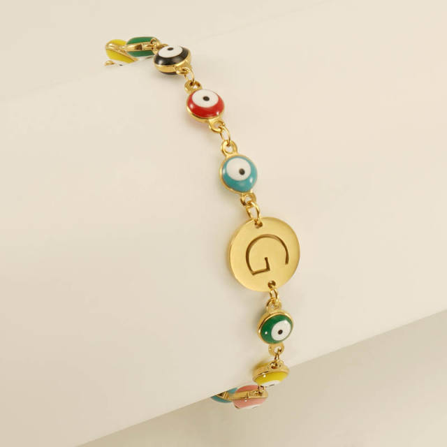 Enamel evil eye bead stainless steel initial letter bracelet