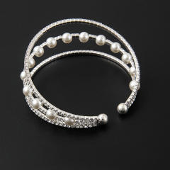 Personality rhinestone pearl bead three layer cuff bangle