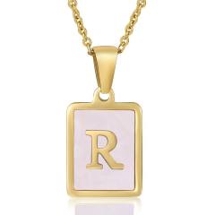 18KG sweet pink color shell initial letter card stainless steel necklace
