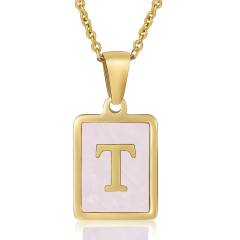 18KG sweet pink color shell initial letter card stainless steel necklace