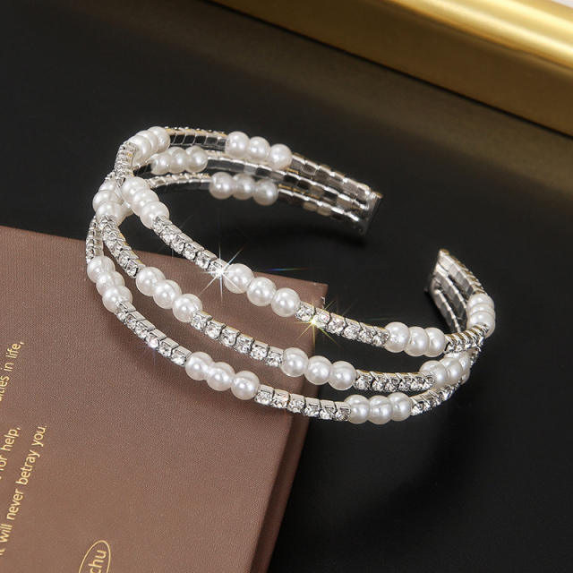 Delicate rhinestone pearl bead three layer elastic cuff bangle