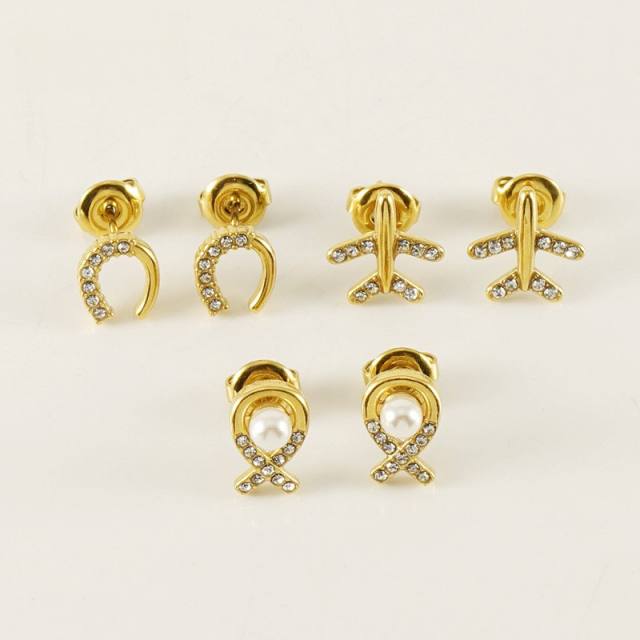 Elegant rhinestone pearl bead stainless steel studs earrings