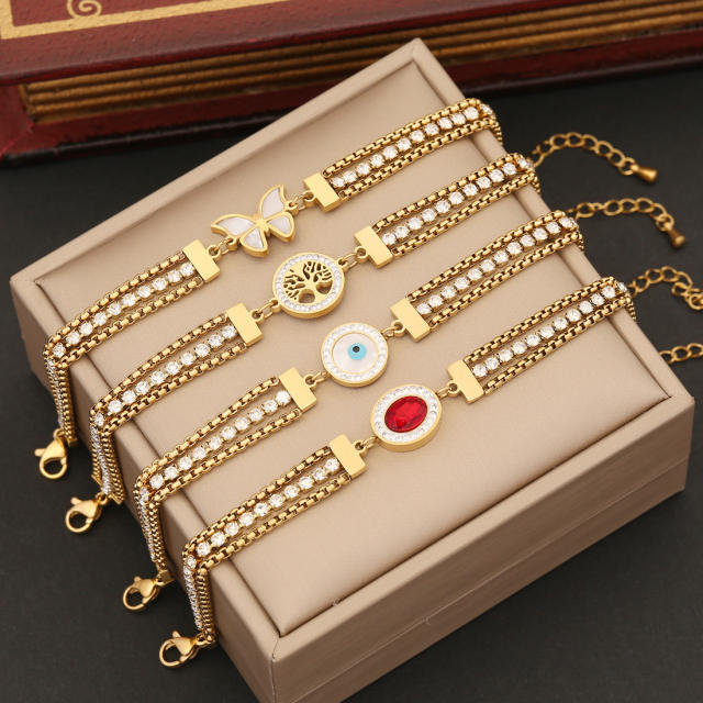 Delicate butterfly ruby life tree evil eye stainless steel chain bracelet