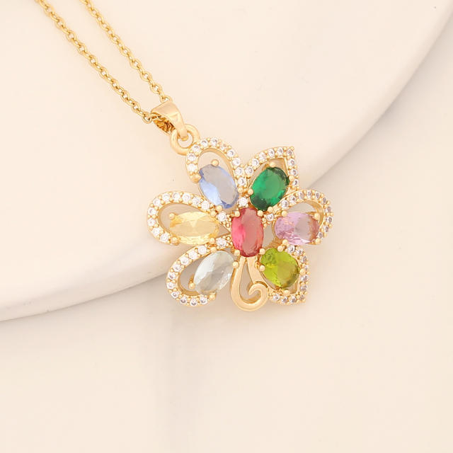 Delicate spring rainbow cz flower pendant copper necklace