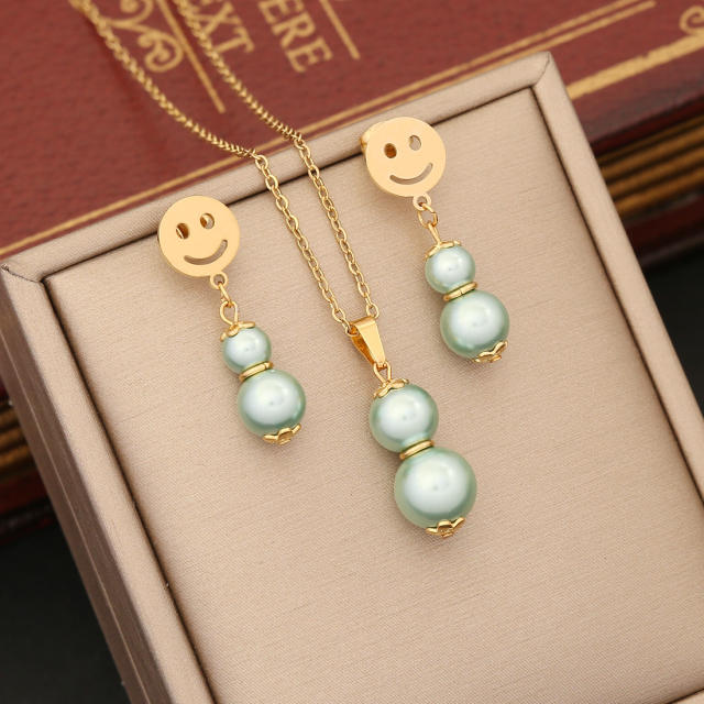 Colorful pearl bead pendant stainless steel necklace set