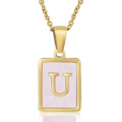 18KG sweet pink color shell initial letter card stainless steel necklace