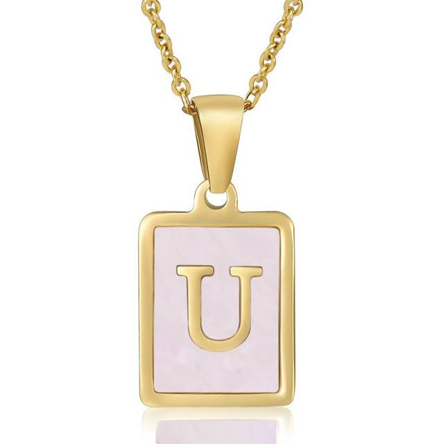 18KG sweet pink color shell initial letter card stainless steel necklace