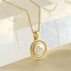 Delicate dimond round pendant initial letter stainless steel necklace