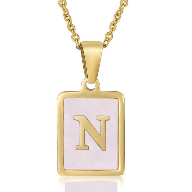 18KG sweet pink color shell initial letter card stainless steel necklace