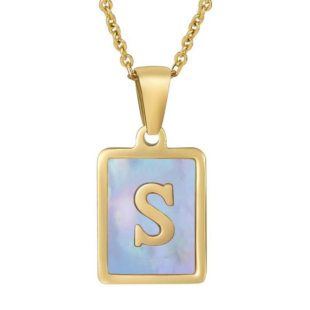 18KG sweet pink color shell initial letter card stainless steel necklace