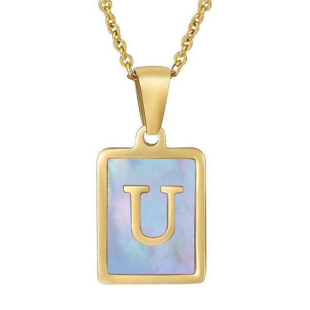 18KG sweet pink color shell initial letter card stainless steel necklace