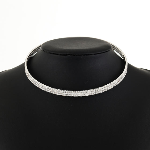 Three line 2mm rhinestone pave setting diamond choker necklace