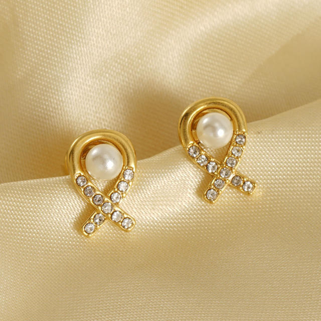 Elegant rhinestone pearl bead stainless steel studs earrings