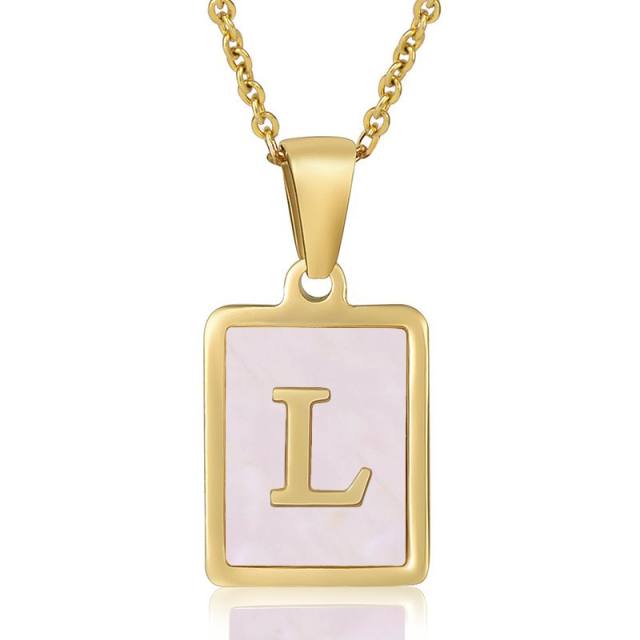 18KG sweet pink color shell initial letter card stainless steel necklace