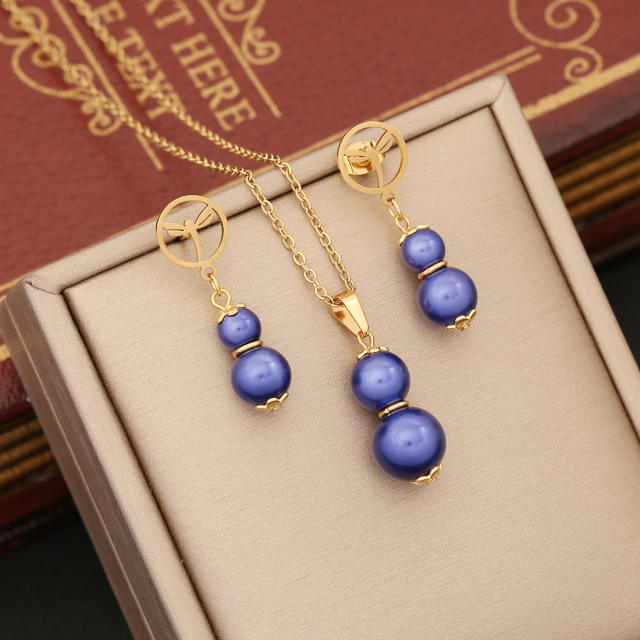 Colorful pearl bead pendant stainless steel necklace set