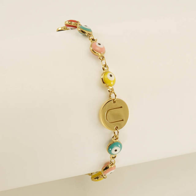 Enamel evil eye bead stainless steel initial letter bracelet