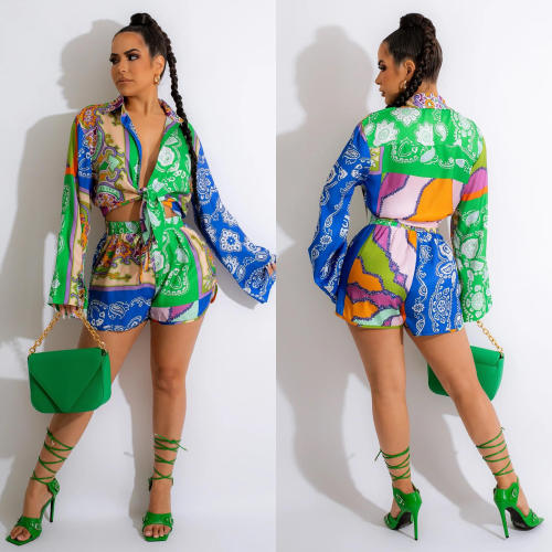 Casual floral printing long sleeve tops and shorts set