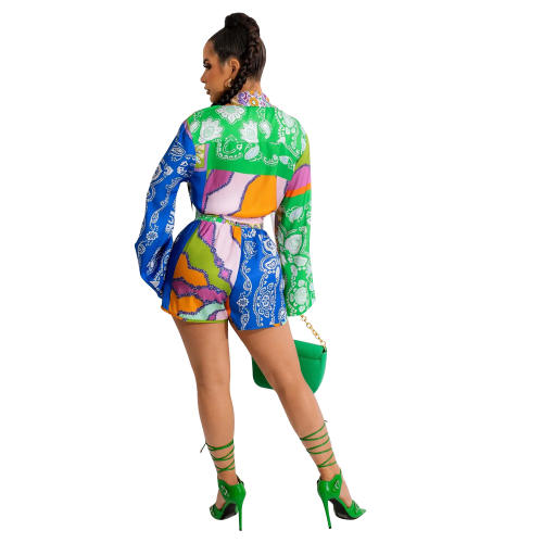 Casual floral printing long sleeve tops and shorts set
