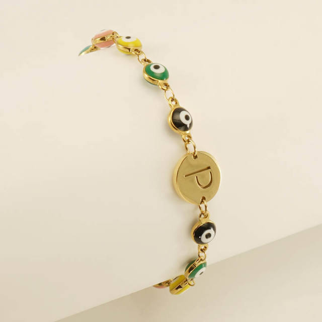 Enamel evil eye bead stainless steel initial letter bracelet