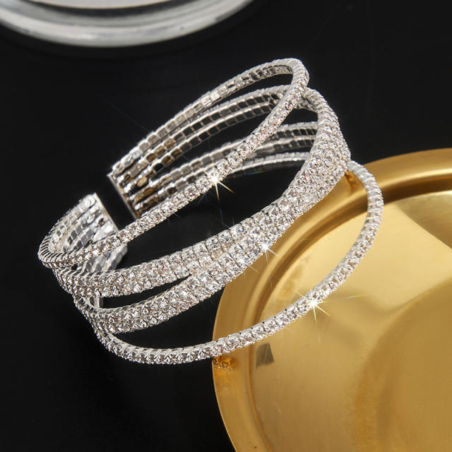 Delicate pave setting rhinestone elastic cuff bangle