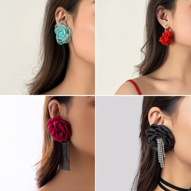 Holiday trend fabric camellia flower earrings