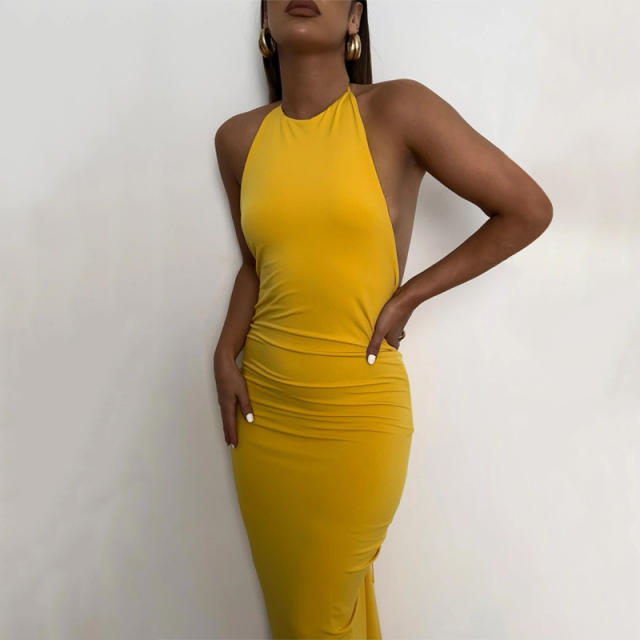 Sexy plain color backless strappy bodycon maxi dress
