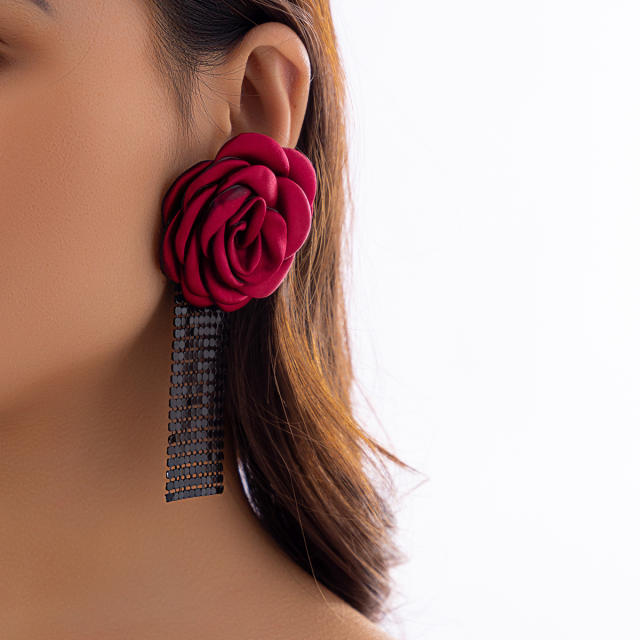 Holiday trend fabric camellia flower earrings
