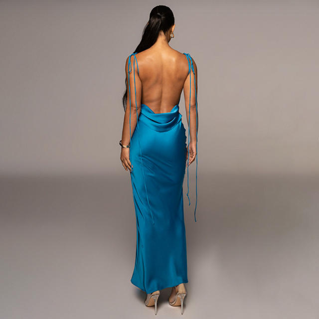 Elegant plain color satin backless strappy maxi dress