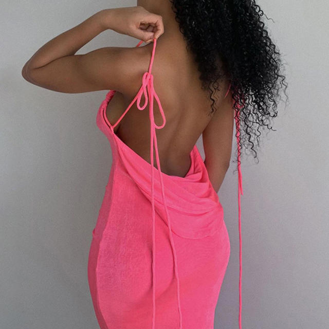Sexy plain color backless strappy bodycon dress