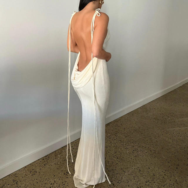 Elegant plain color sexy backless strappy maxi dress