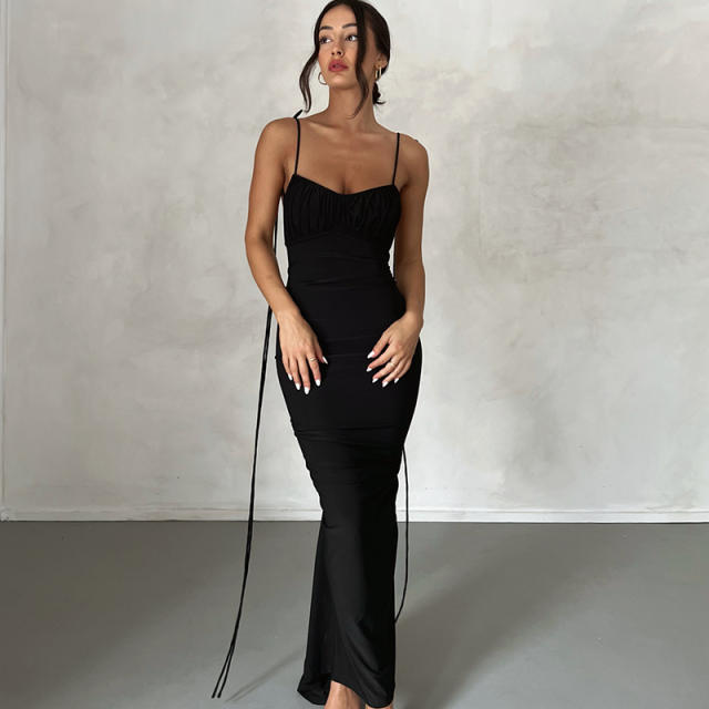 Sexy plain color backless strappy bodycon dress