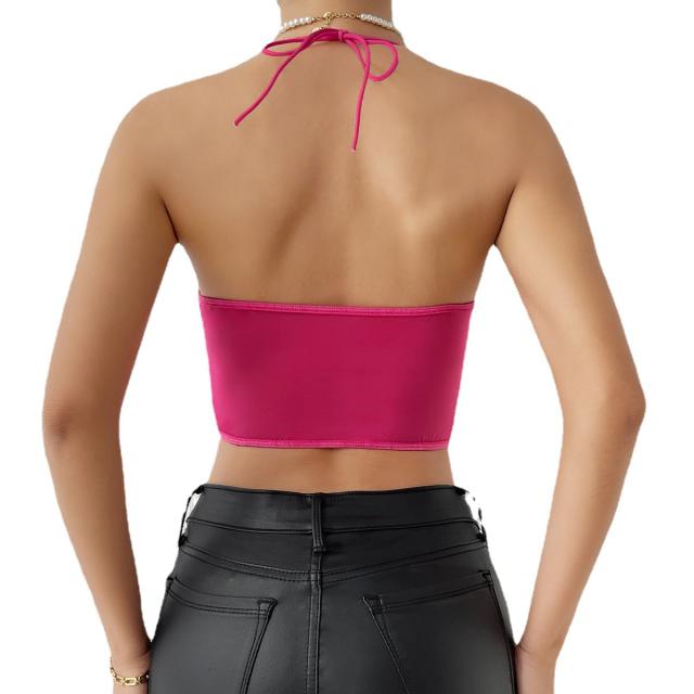 Sexy plain color satin halter neck corset tops