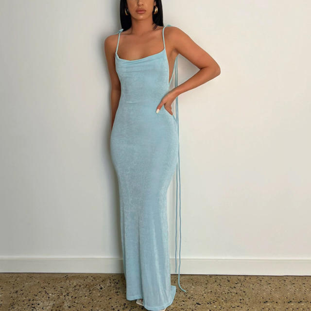 Elegant plain color sexy backless strappy maxi dress