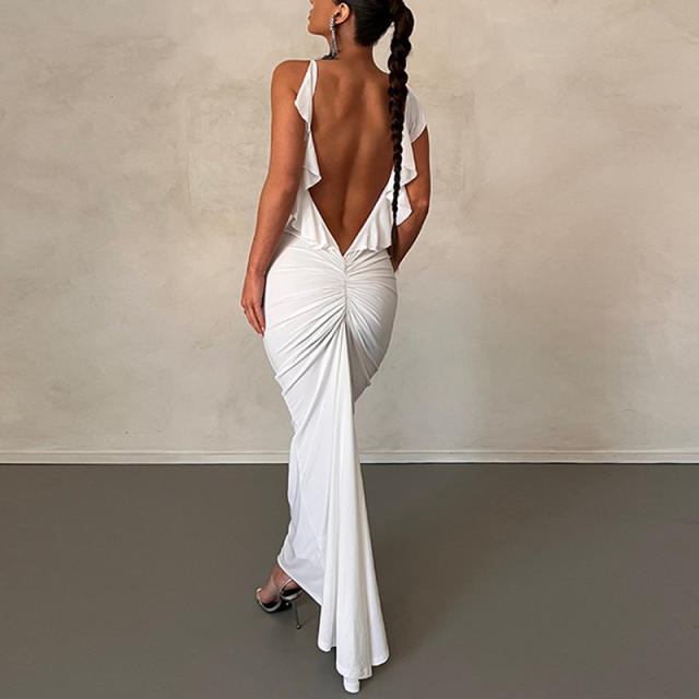 Elegant plain color backless ruffle bodycon maxi dress