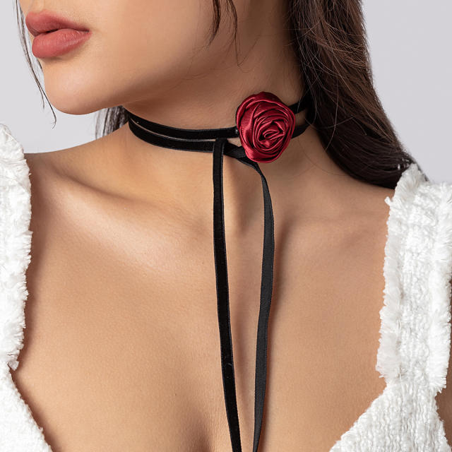 Vintage farbic camellia flower black choker