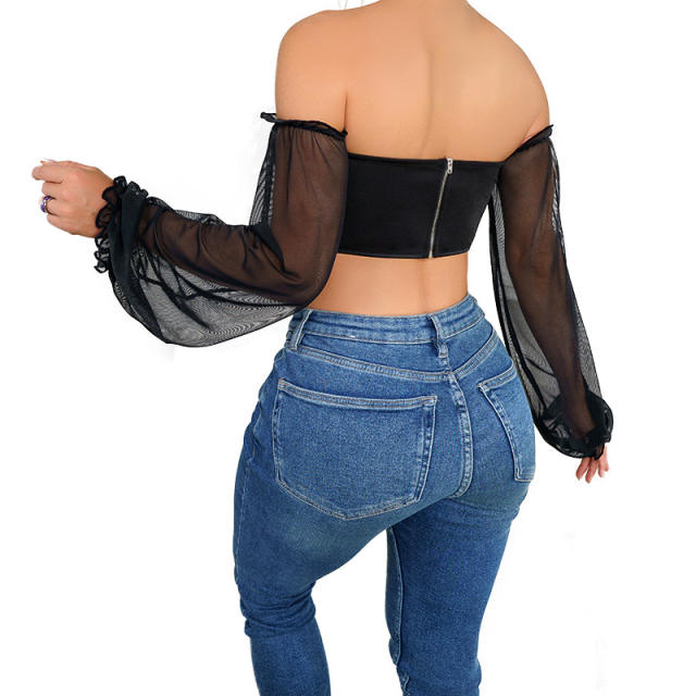 Sexy black color long ballon sleeve off shoulder corset tops