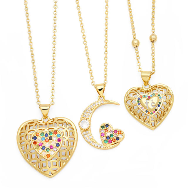 Delicate rainbow cz heart pendant copper necklace