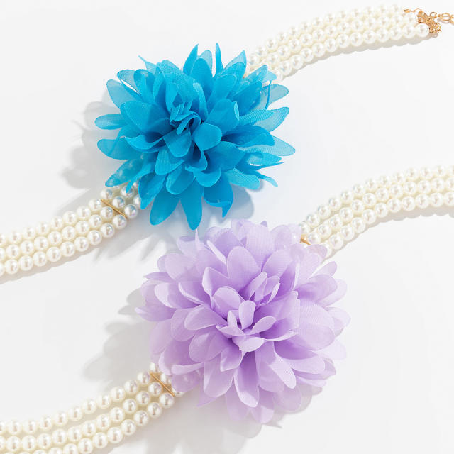 Vintage chiffon flower faux pearl bead tripe choker