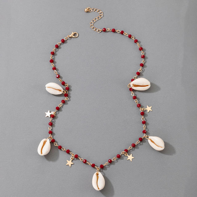 Boho wine red color crystal bead shell charm necklace