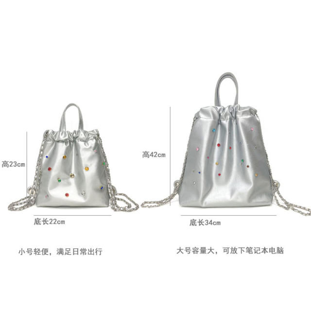 Korean fashion silver color PU leather glass crystal large size backpack