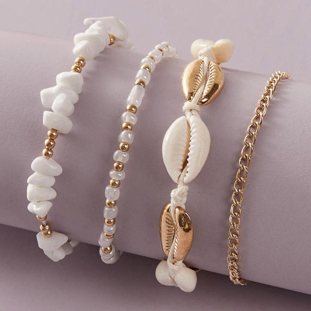 Boho white color stone bead shell charm 4pcs anklet