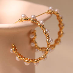 18K gold plated ABS pearl bead copper hoop earrings